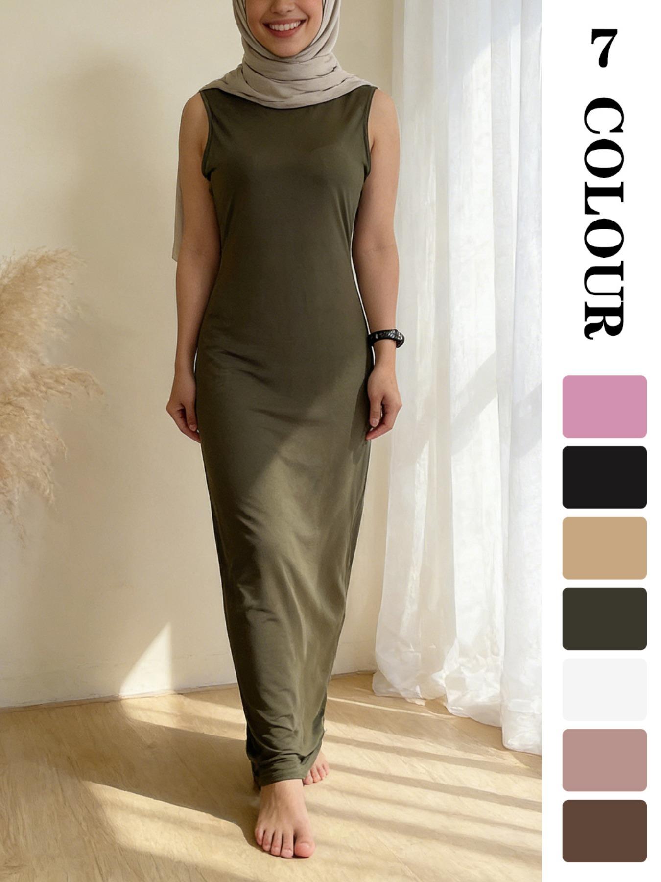 Muslim Sleepwear XS-XL 1pcs inner Women's Long Plain Sleeveless Underdress, Dubai Luxury Islamic Kaftan Pajama, All-Season Sexy Sleepwear