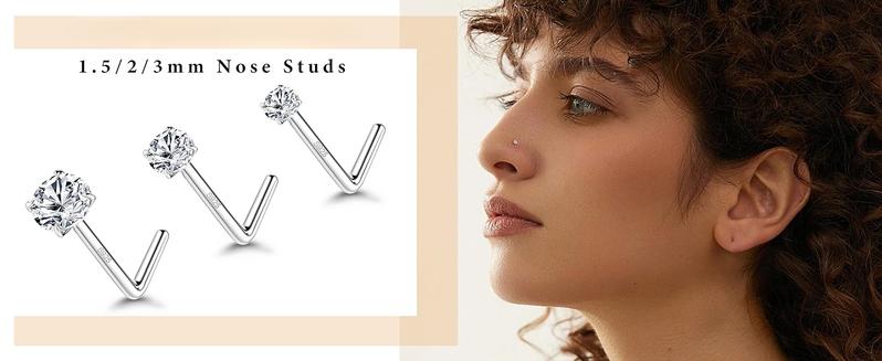 Fansilver Nose Studs, 18G 20G L Shaped Nose Rings, Simulated CZ Hypoallergenic Nose Piercings for Women Men 1.5 2 3MM