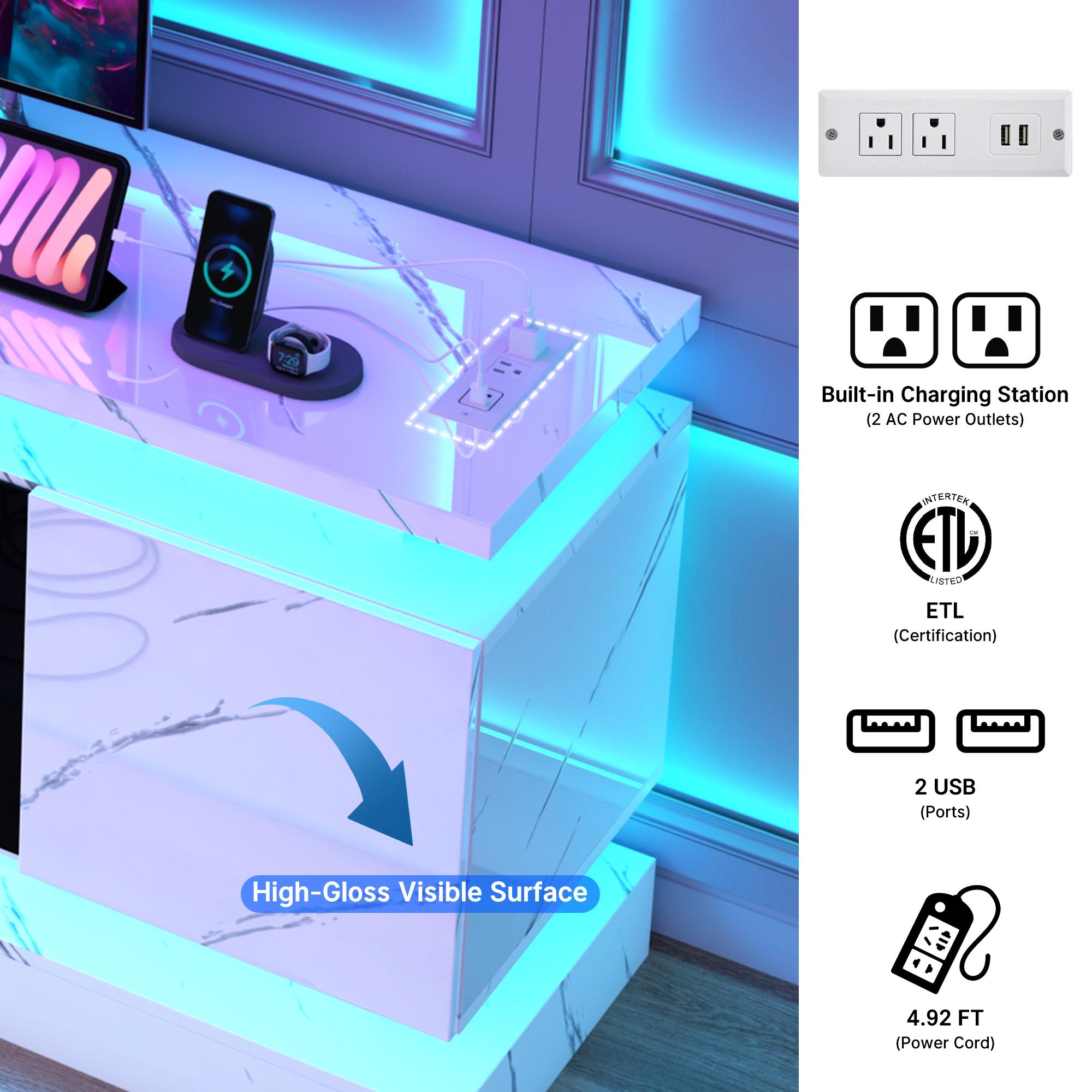 71in Fireplace TV Stands w/40 inch Fireplace Power Outlet for 85/80/75 Inch TV,High Glossy Modern TV Console Gaming Entertainment Center with 2 Storage Cabinets,Dual LED Lights,Black/White