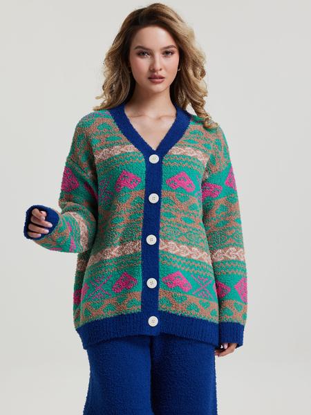 Two-picec  Women's Vintage Style Home Set, Knit Cardigan & Deep Blue Wide-Leg Pants, Pop Art Pattern, Thick Fabric, Fall Winter Boho Loose Fit