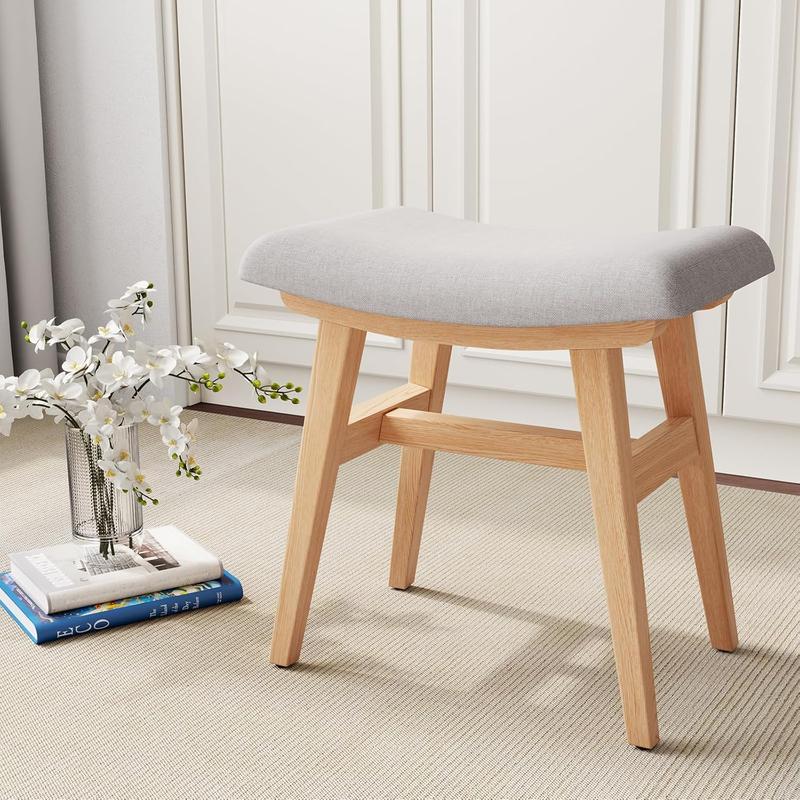 Solid Wood Vanity Stool, Saddle Cushion Vanity Bench with High-Strength Rebound Sponge, Easily Assembly, Vanity Chair, Foot Stool, Makeup Stool for Bedroom, Entryway