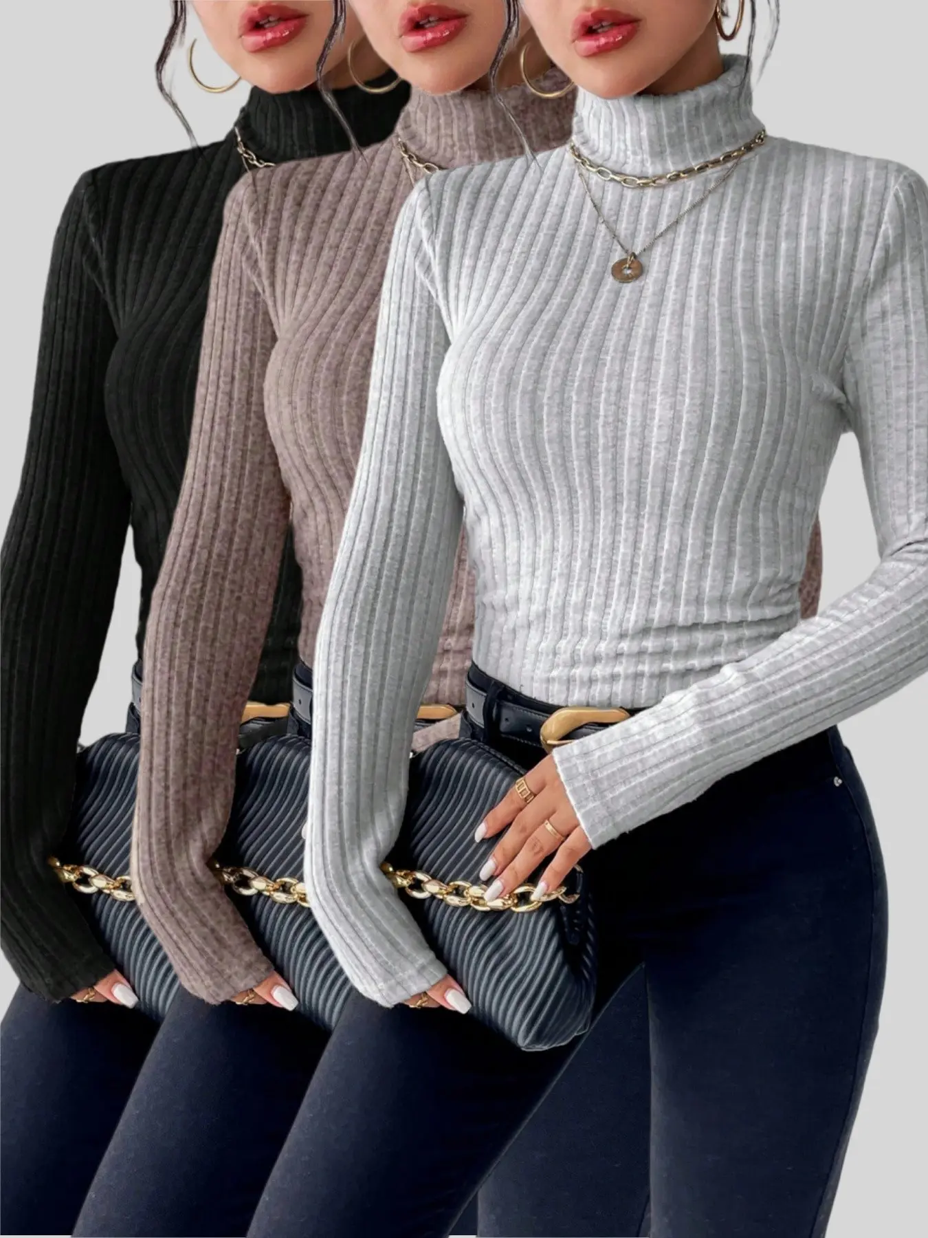 Women's Fall Winter T-Shirt Set, High Neck Warm Long Sleeve, Comfortable Soft Fabric, Essential Ladies' Clothing for Cold Seasons Tops