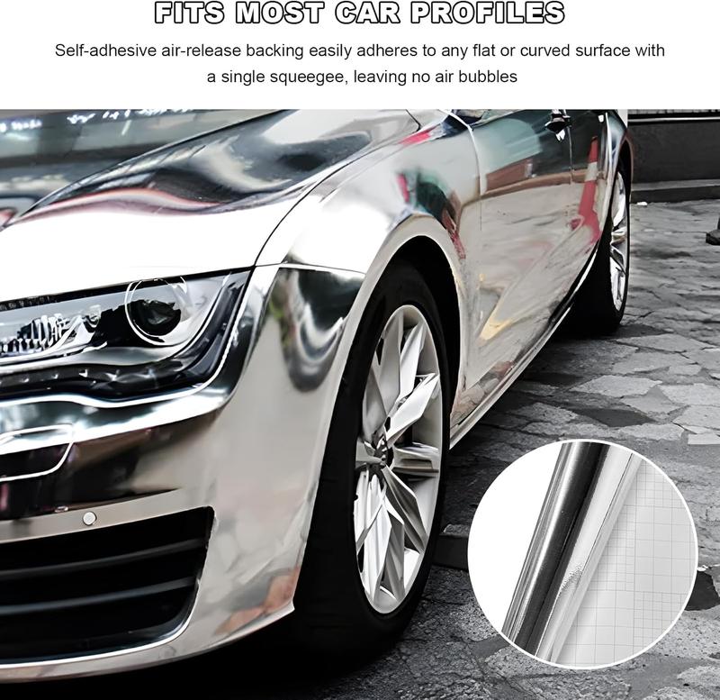 Silver Chrome Vinyl, 12" x 60'' Silver Permanent Vinyl Roll, Chrome Mirror Metallic Silver Adhesive Vinyl for Cricut, No Bubble Mirror, for Car Wrap,Stickers,Decal,Lettering
