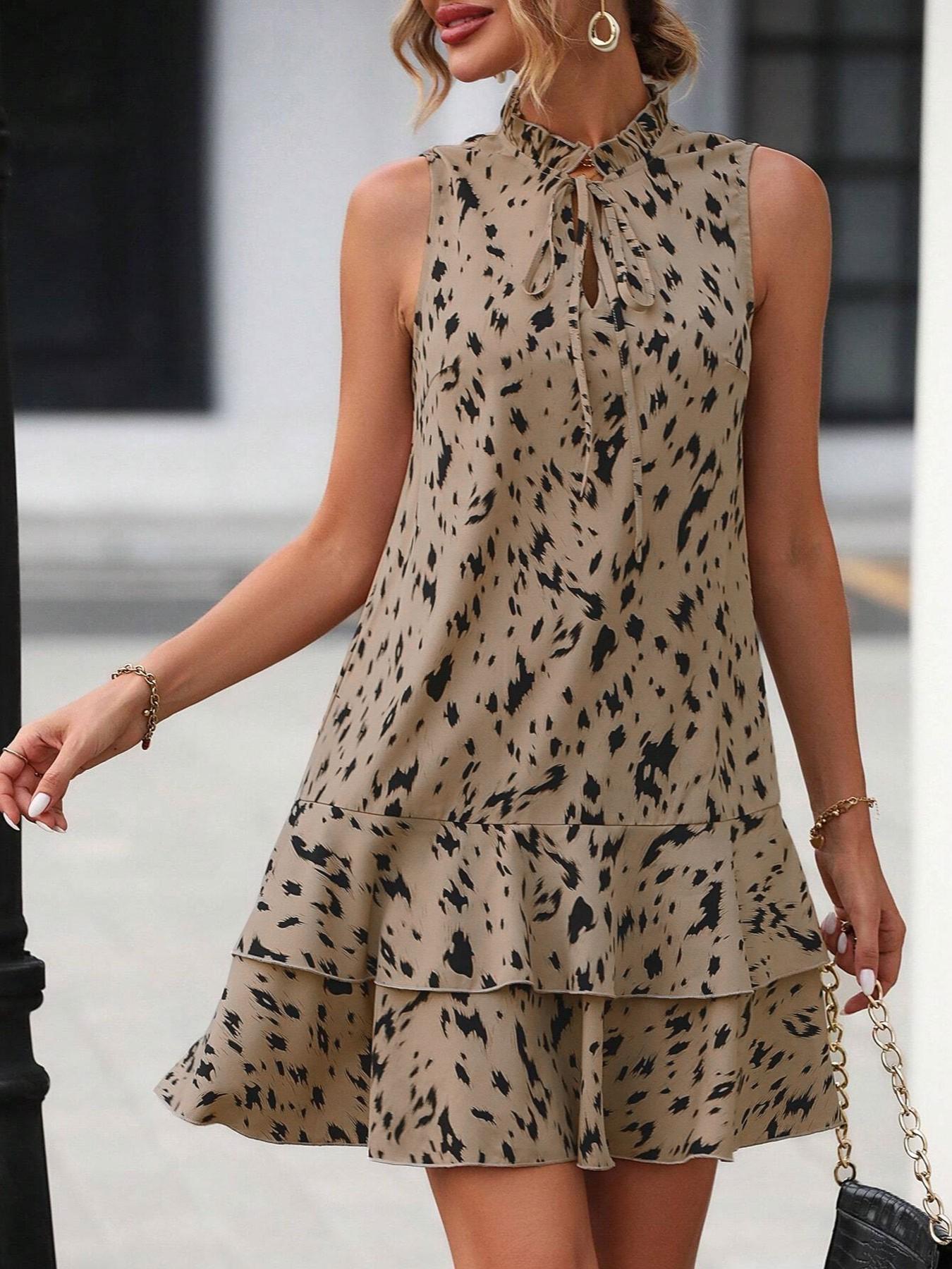 Women's Geometric Print Bow Dress, Tiered Layer Cake Skirt, Casual Sleeveless Fitted Short Dress, All-Season Versatile Fashion