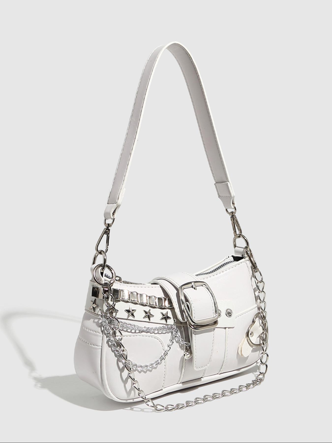 Vintage Y2K Style Women's Shoulder Bag, Crossbody Chain Bag, Star Chain Design, Detachable Strap, Zip Closure, Casual Handbag for All Seasons