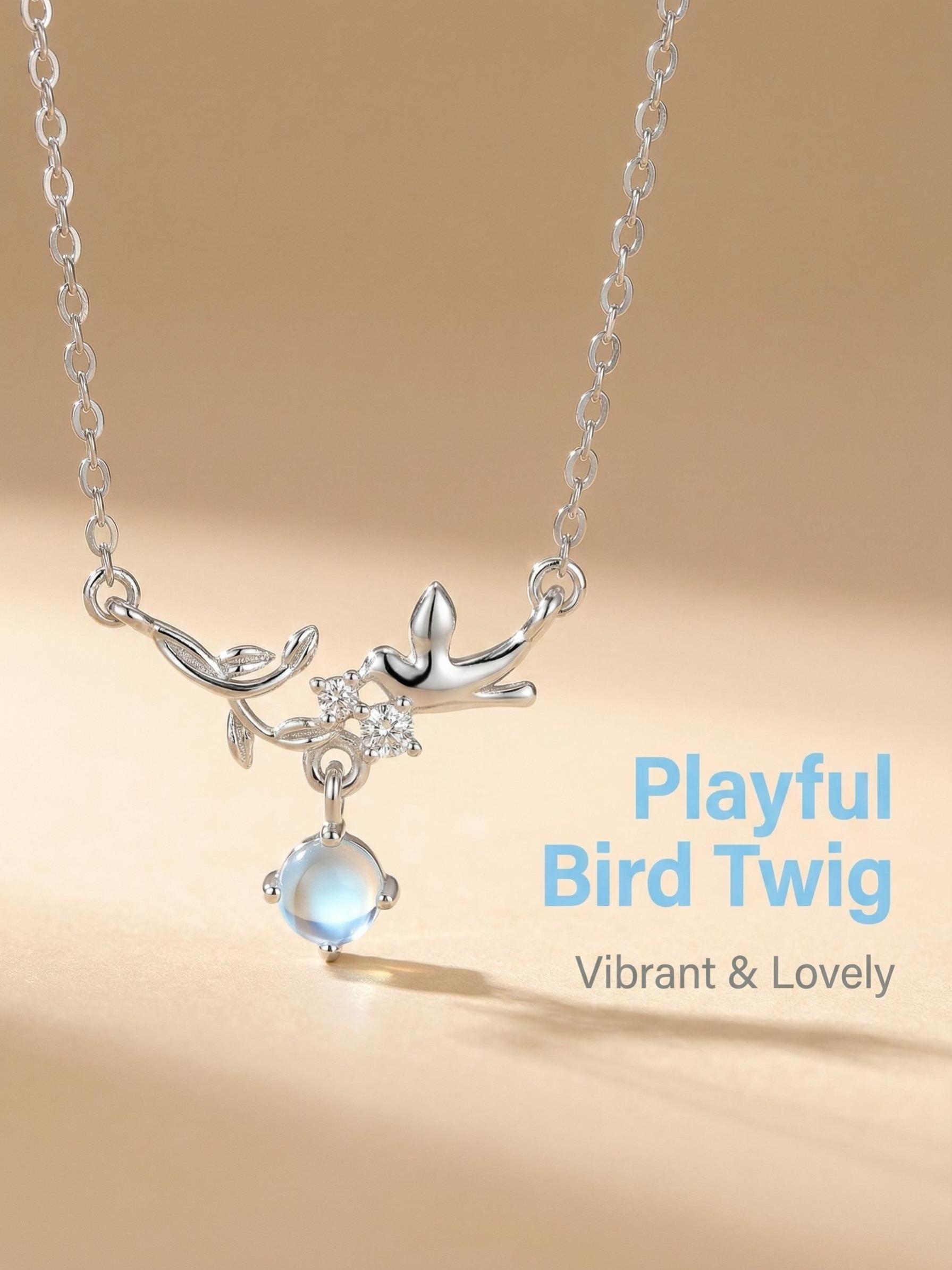Eucalyptus Bird Necklace for Women, Elegant Moonstone Collar Chain, Fashionable Versatile Zircon Pendant, Creative Jewelry Gift