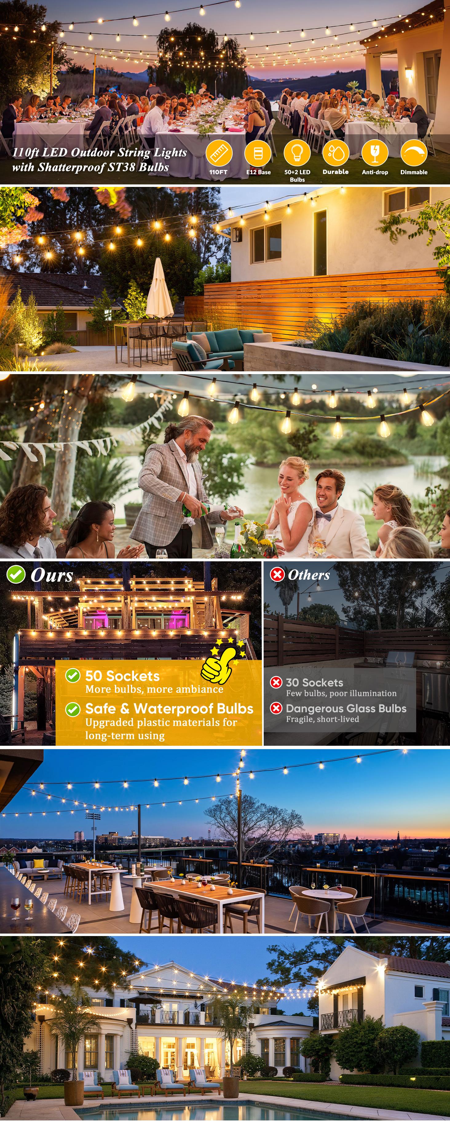 100+10FT LED Outdoor String Lights, Patio Deck Lights with 50+2 Shatterproof ST38 Edison Bulbs, Dimmable Warm White Waterproof Outside Hanging Lights Connectable for Backyard Porch Garden