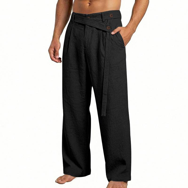 Men's 2026 Spring Summer Plain Linen-Cotton Fabric Wide Leg Trouser, Irregular Cross Buckle Waist, Loose Fit for Big-Tall Menswear, Ideal for Beach Vacation & Daily Commute (Polyester-Blended Option Available)