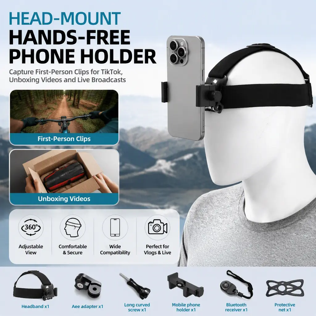 Wearable Head‑Mount Phone Bracket, First‑Perspective Shooting Holder for TikTok, Unboxing and Live Streaming