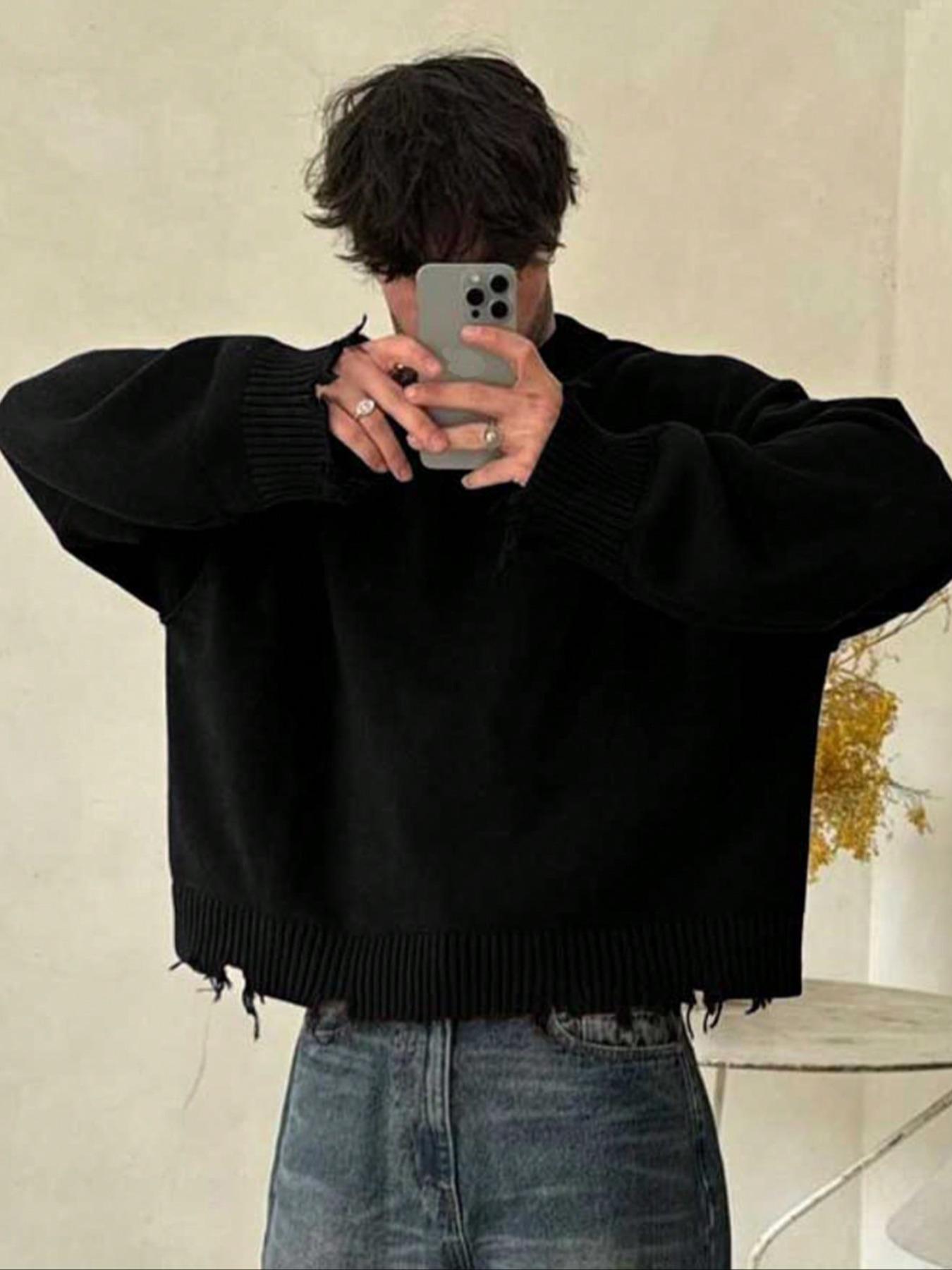 Fall & Winter Unisex Street Fashion Casual Long Sleeve Ripped Knit Sweater Pullover, Loose Fit Comfortable Cleanfit Round Neck Top, Knitwear