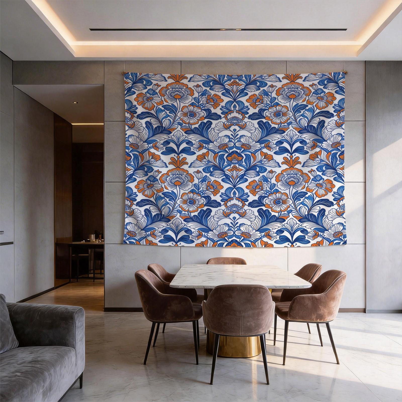 1 Piece Bohemian Blue Orange Floral Tapestry, HD Digital Printed Wall Hanging Tapestries, Aesthetic Boho Tapestry for Living Room Bedroom Dorm Home Decor