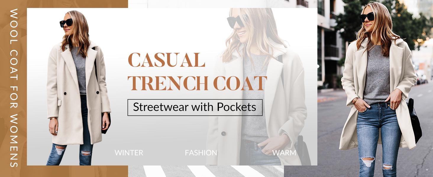 SCUSTY Women's Notched Lapel Winter Wool Coat Single Breasted Pea Coats Wool Blend Blazer Jacket