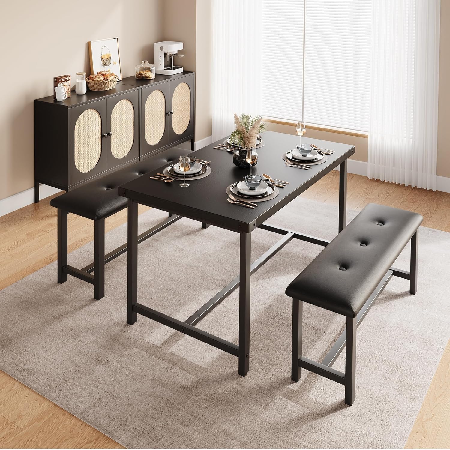 3-Piece Dining Table Set for 4 People, 44" Space Saving Kitchen Table with 2 Benches, Industrial Rectangular Dining Room Table Chairs Set