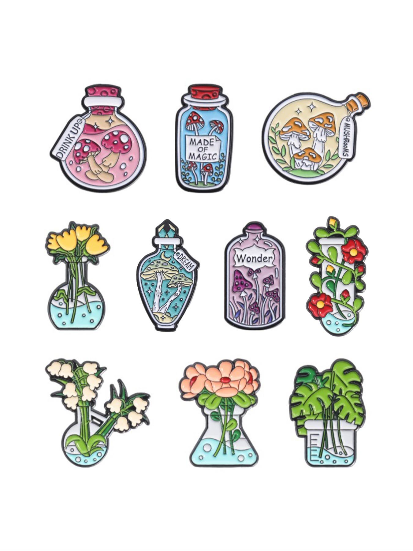 10Pcs Fantasy Magic Plant Bottle Brooch Set, Mushroom Flask & Floral Beaker Design, Fashion Clothing Accessory, Unisex Daily Wear Gift