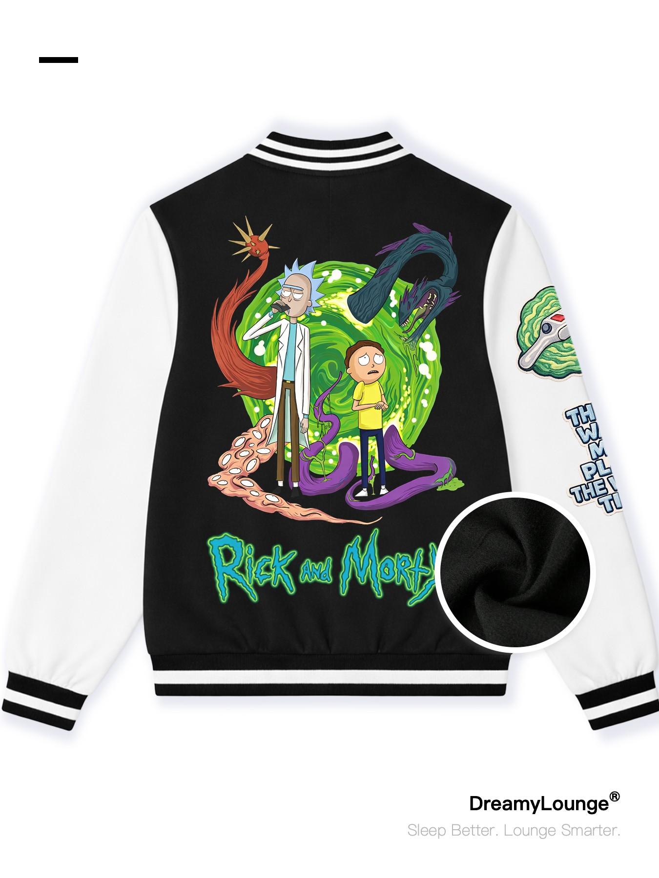 Rick and Morty Universe Gate Monster Print Baseball Jacket, Casual Loose-Fit, Warm and Breathable, Ideal for Outdoor or Home Wear