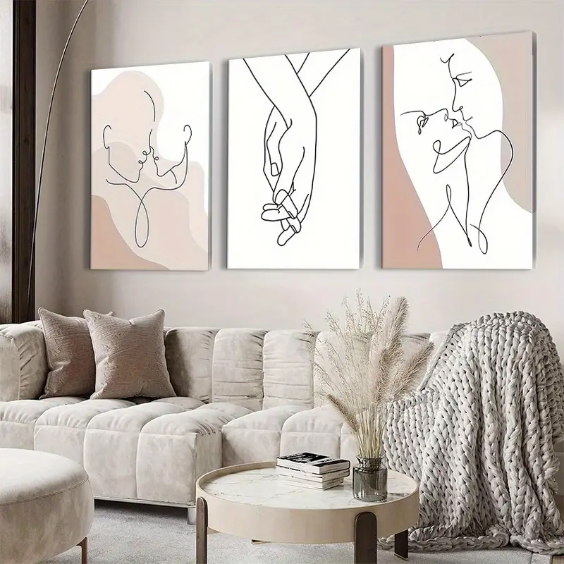Framed, 3pcs Canvas Art Set Abstract Intimate Connection, Hand in Hand, Passionate Kiss Minimalist Line Art, Soft Tones, Modern Bedroom and Living Room Wall Decor Framed