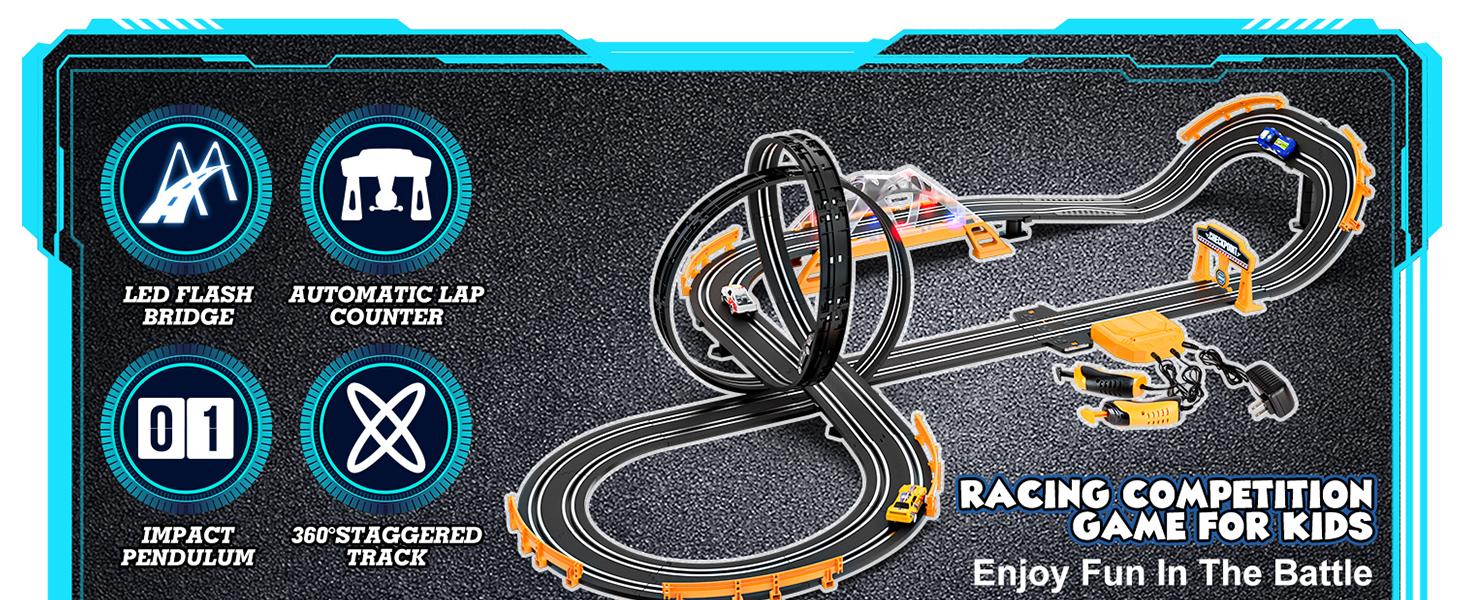 Slot Car Race Track Sets with 4 Slot Cars Electric Race Car Track Include Slope Circular Overpass Track Dual Racing Game Featuring Flash Bridge and Pendulum Gifts Toys for Boys Kids  Fathersdaygift Speed Checkpoint Outdoorfun Fun