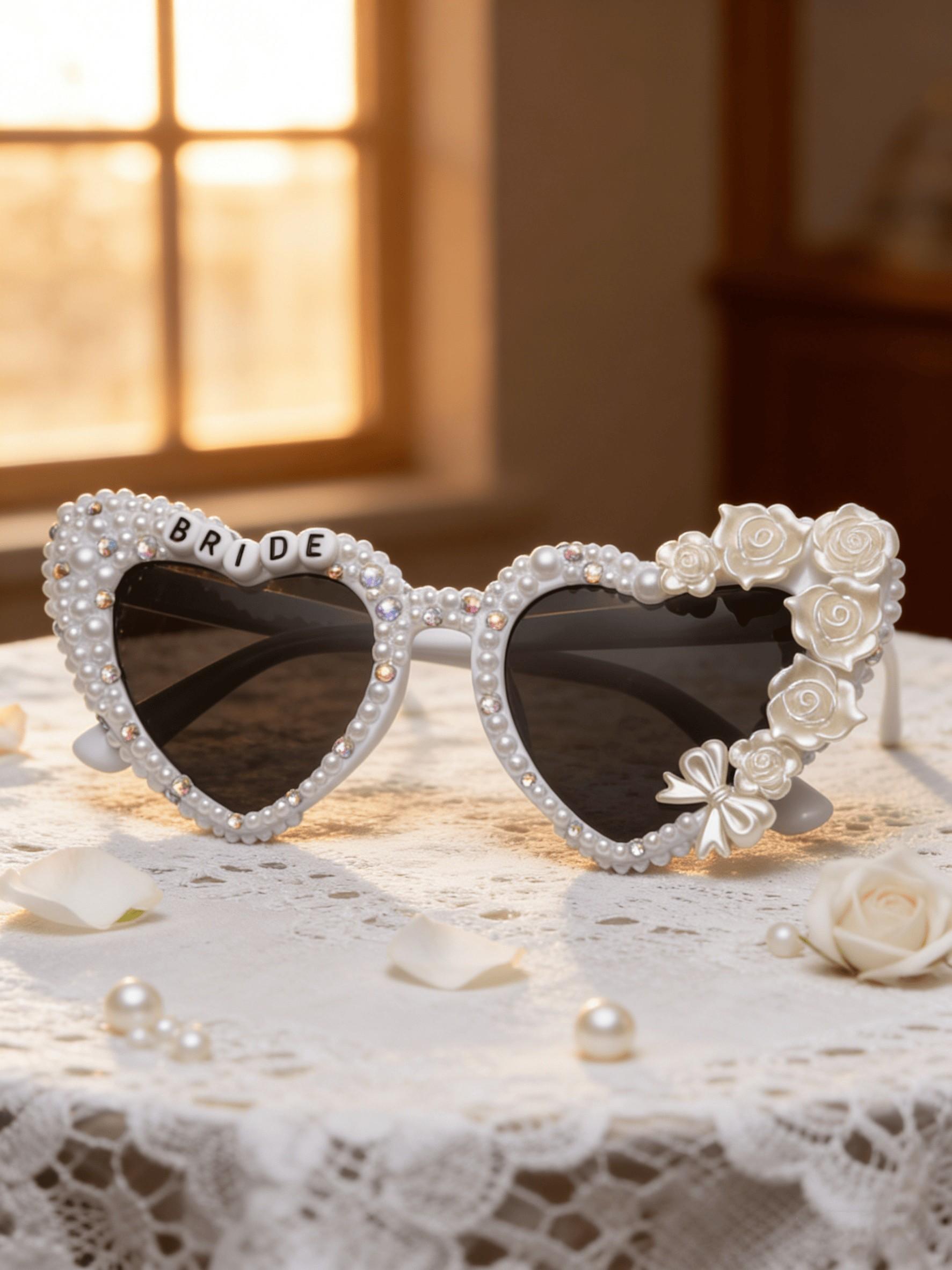 Elegant Bridal Sunglasses with Heart and Rose Design, Luxury Fashion Accessory for Wedding Photos, Ideal Gift for Bride