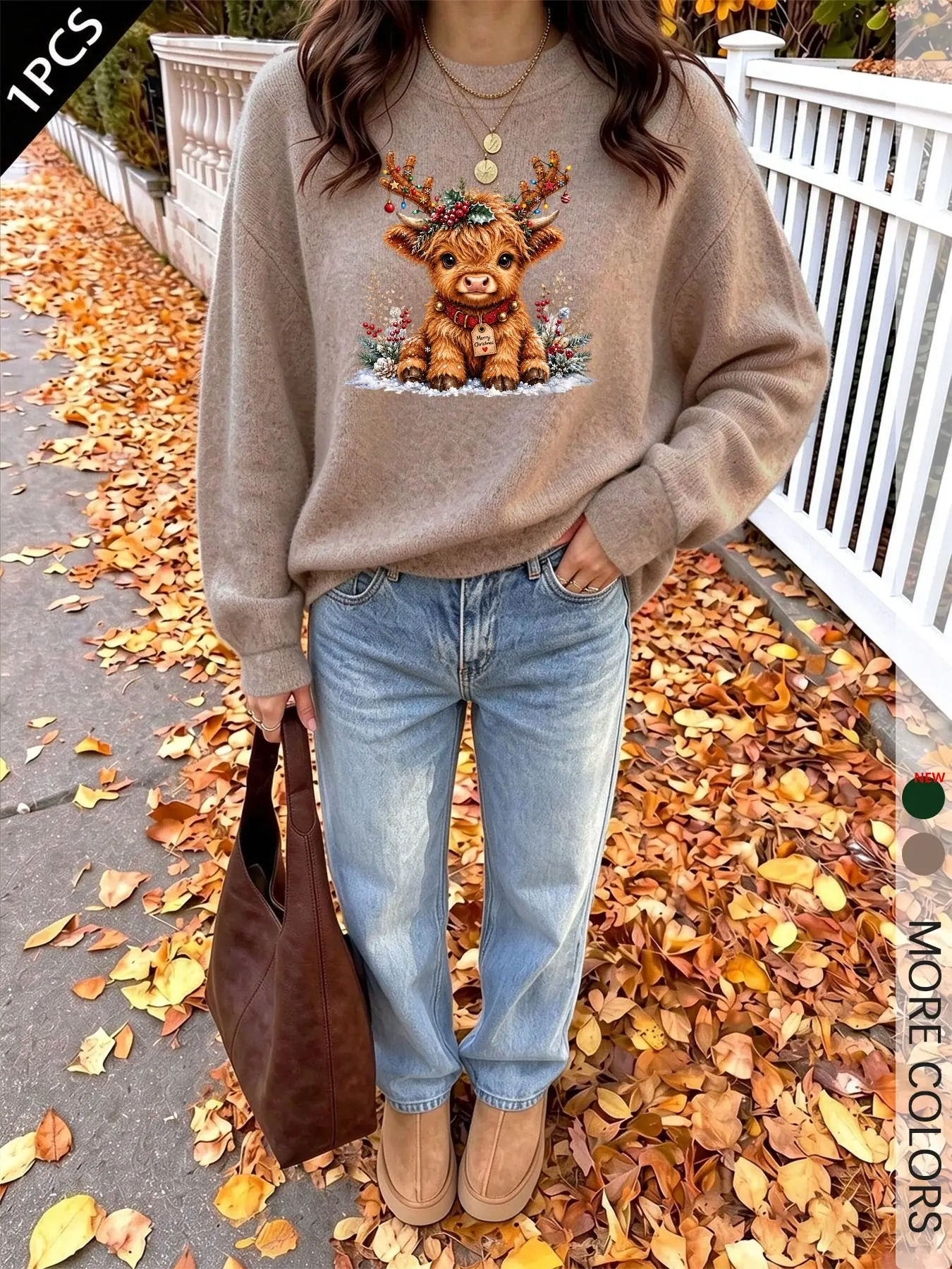 Women’s Christmas Highland Cow Print Crew Neck Knit Sweater, Long Sleeve Oversized Soft Knit Pullover, Festive Printed Design, Versatile Piece For Winter Daily Look, Holiday Party, Weekend Hangout & Outdoor Stroll