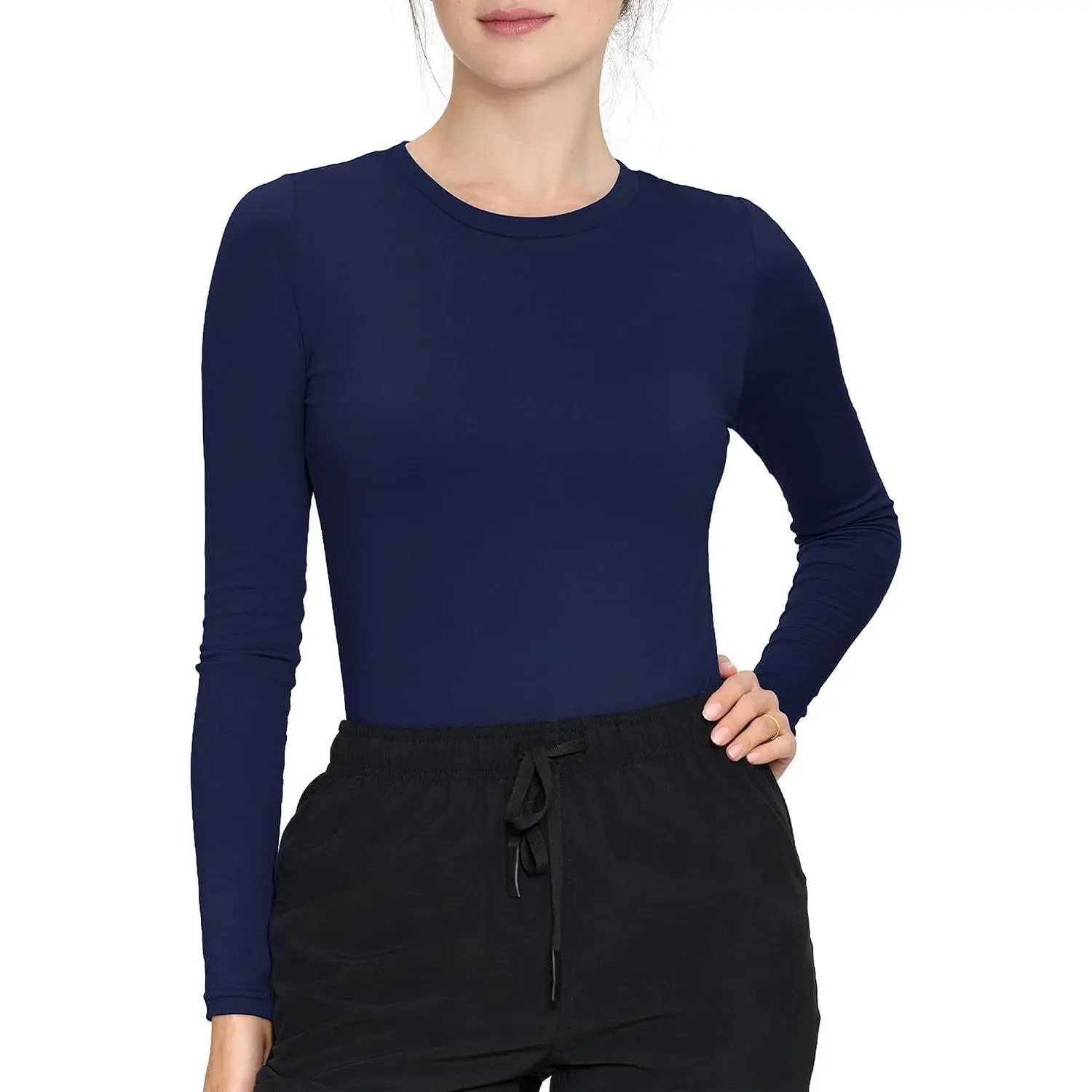 Women's High Crew Neck Under Scrub Long Sleeve Comfort Tee - Soft Under-Uniform Base, Easy Care for Nurses, Daily Medical Uniforms