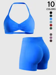 Women's Halter Backless Bra Shorts Set, High Waist Butt Lifter with Pads, Ideal for Yoga Fitness Daily Wear, Two-In-One Sportswear