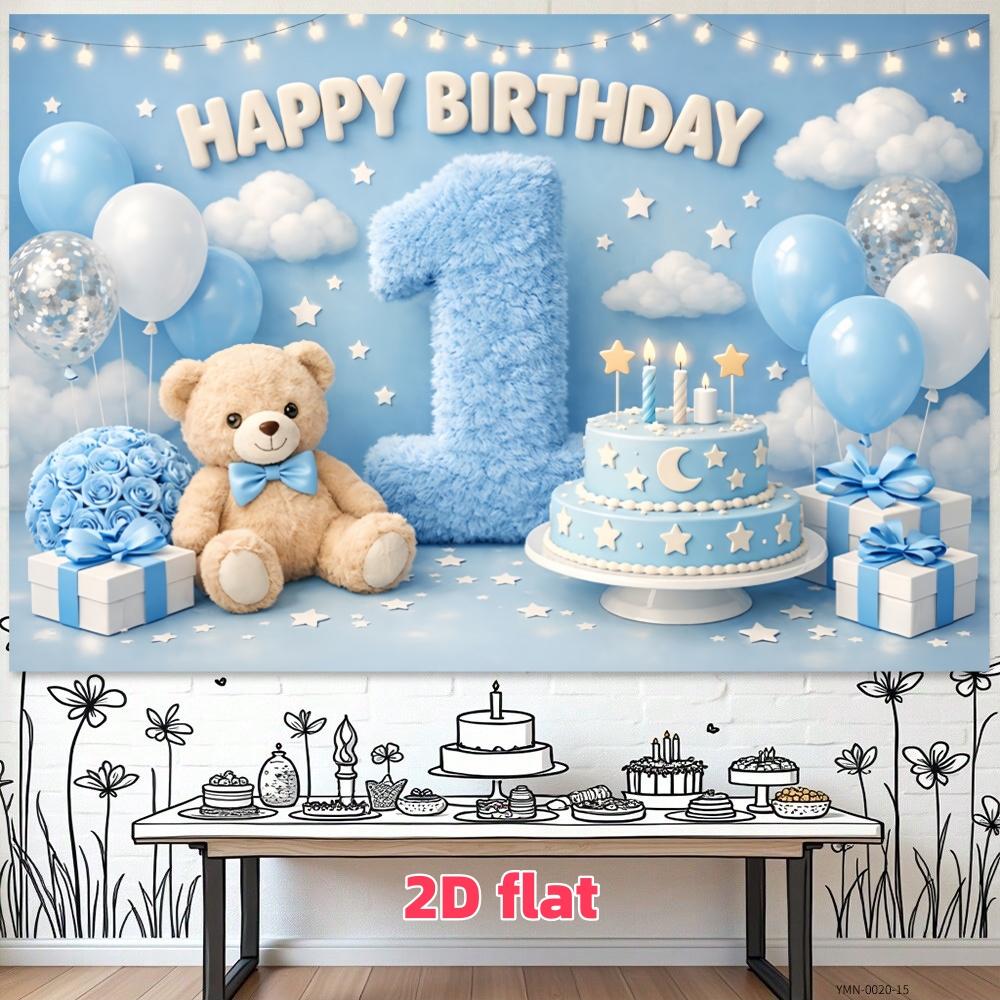 Blue 1st Birthday Party Backdrop Banner, Teddy Bear Theme, Polyester Material, Indoor Outdoor Decor, Stage Room Decoration, Holiday Party Supplies