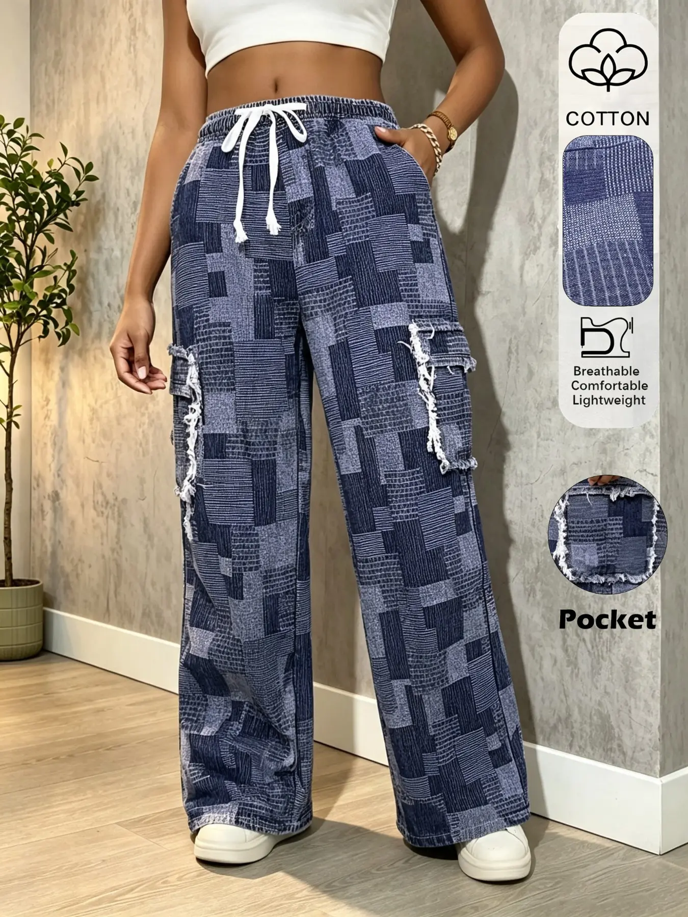 Women's Elastic Waist Drawstring Patchwork Plaid Print Workwear Wide Leg Jeans, Frayed Edge Large Pockets Loose Fit Street Style, Casual Straight Leg Long Pants