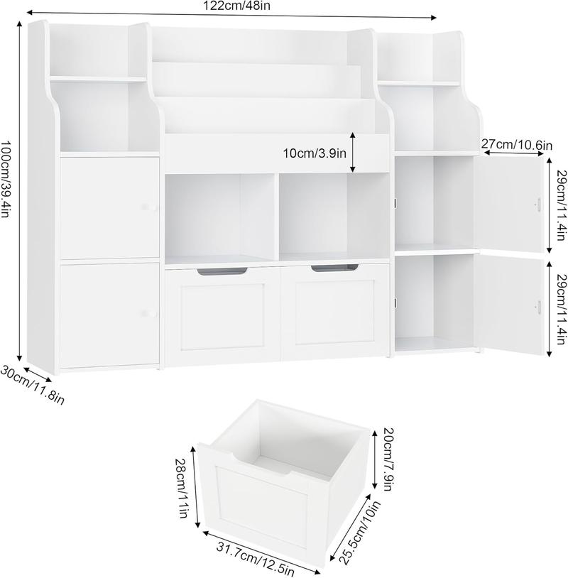 FOTOSOK Toy Storage Organizer with  8 Storage Cubbies and 2 Movable Drawers, Toy Organizer with Hidden Wheels and 3-Tier Kids Bookshelf, Multifunctional Floor Storage Chest for Playroom