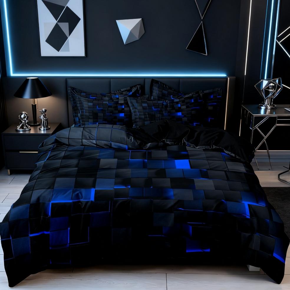 3D Block Theme Reversible Bedding Set, Soft Polyester Duvet Cover and Pillowcase, Bedroom Decoration, Comfortable and Stylish, Modern Bedding Set