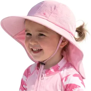 Unisex Kids Adjustable Fit Hat, UPF 50+ Sun Protection, Wide Rigid Brim, Neck Flap, for Toddler Beach Swim & Outdoor Sports Use