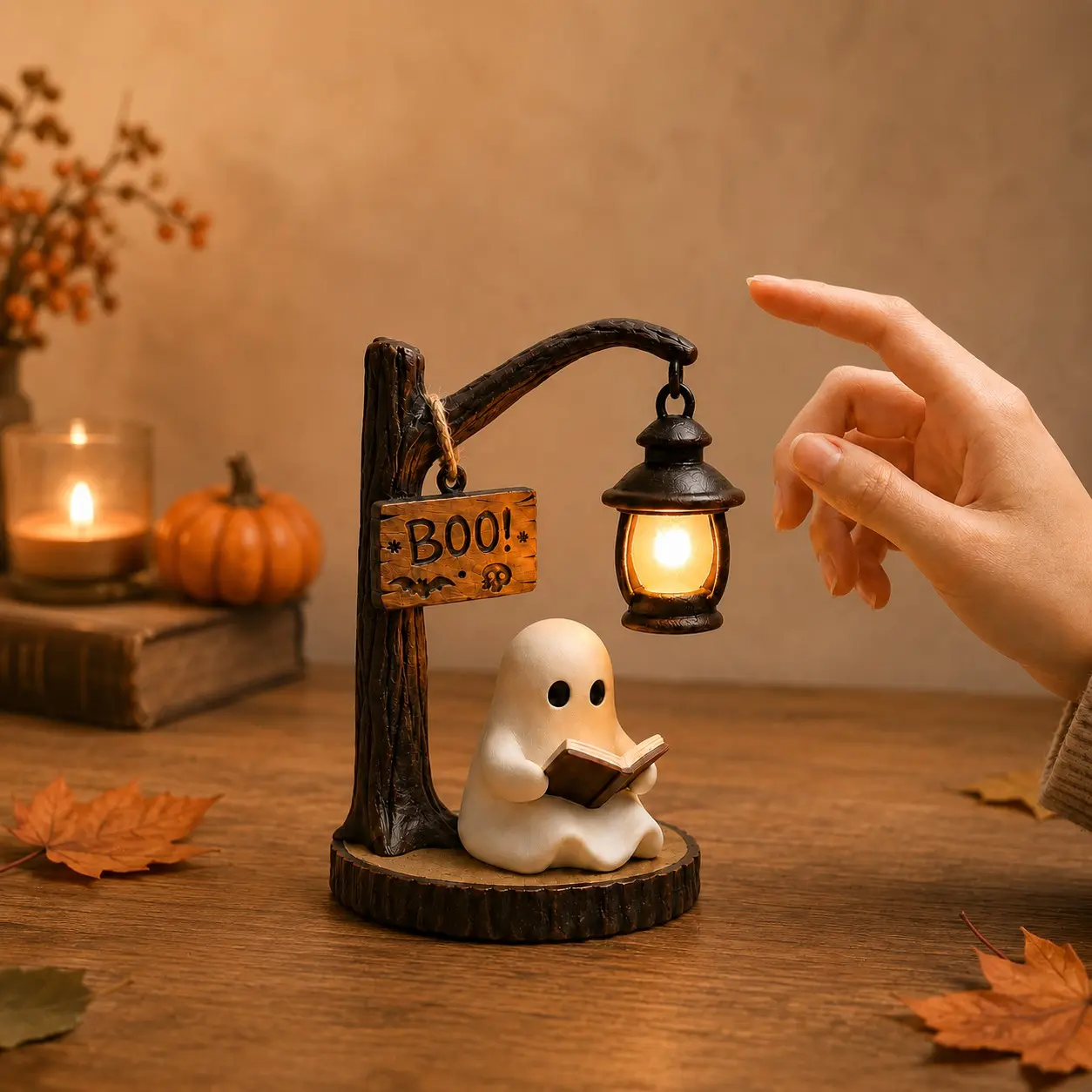 Cute Ghost Reading Figurine with Hanging Lantern, 6.3-Inch Mini Warm Glow Boo Sign LED Lamp Atmosphere Light, Festive Home Decor and Party Gift #GLOBAL PICKS