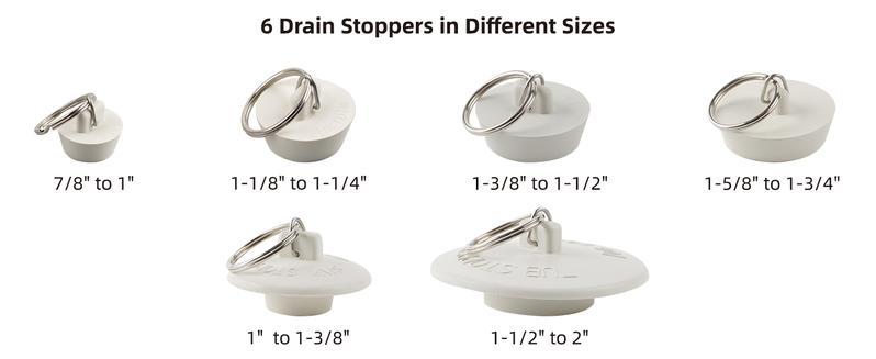 Hibbent 6 Pieces Drain Stopper, Rubber Kitchen Sink Drain, Sink Stopper Drain Plug with Pull Ring for Kitchen, Bathtub, Bathroom and Laundry Sink in 6 Different Sizes, White