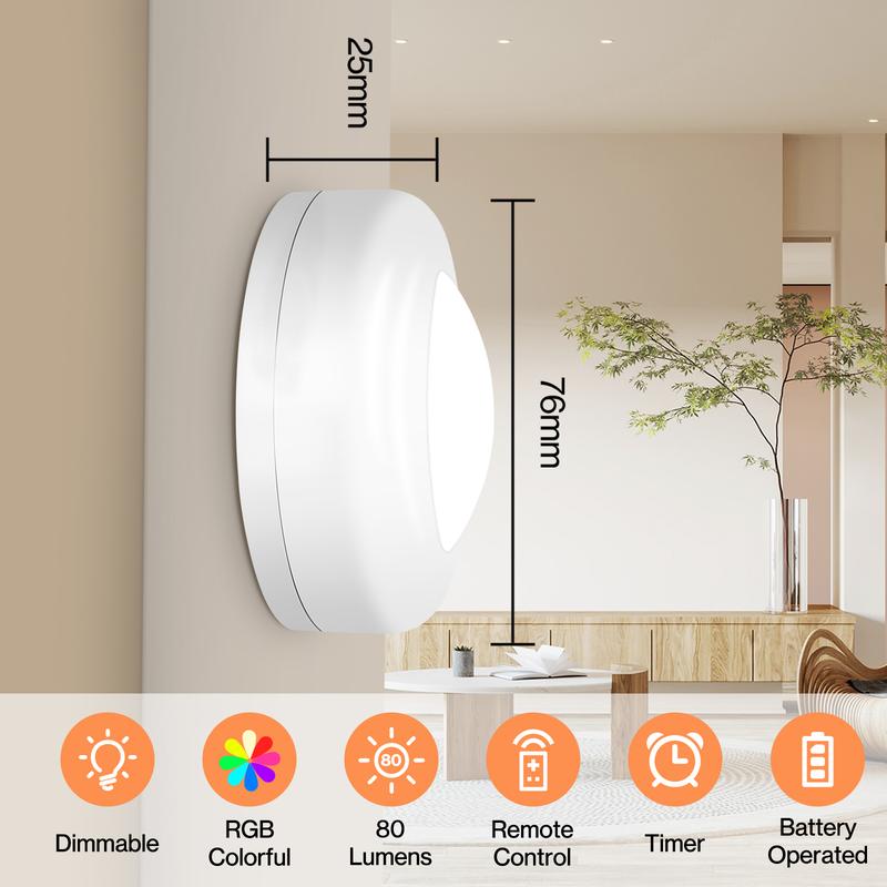 6-Pack RGB Puck Lights AA Battery-Powered (Not Included), Tap or Remote Control