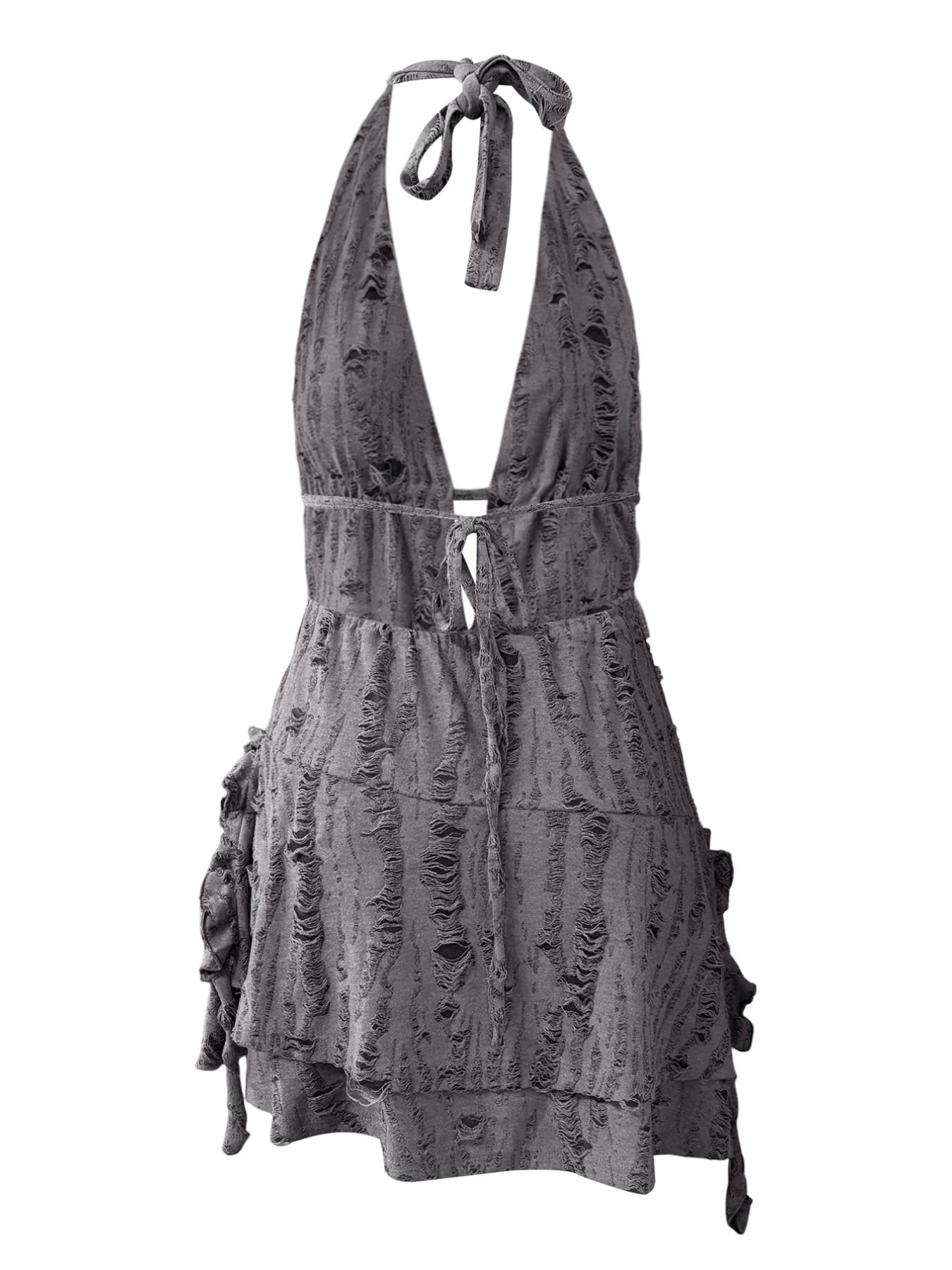LovelyWholesale Women's Summer Vacation Solid Color Ripped Design Asymmetrical Hem Tie Halter Backless Sexy Mini Dress, Sexy Style, Perfect for Vacations