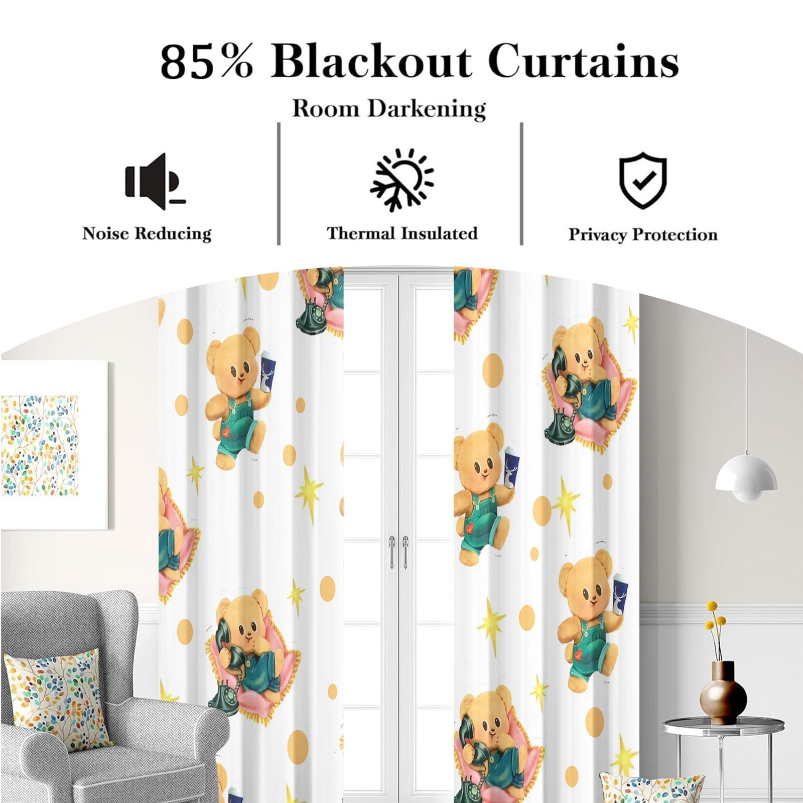 2 Pcs Cute Cartoon Bear 80% Blackout Curtains, Kawaii Teddy Bear Polyester Curtains for Kids Room & Nursery, Ideal Gift for Bear-Loving Kids