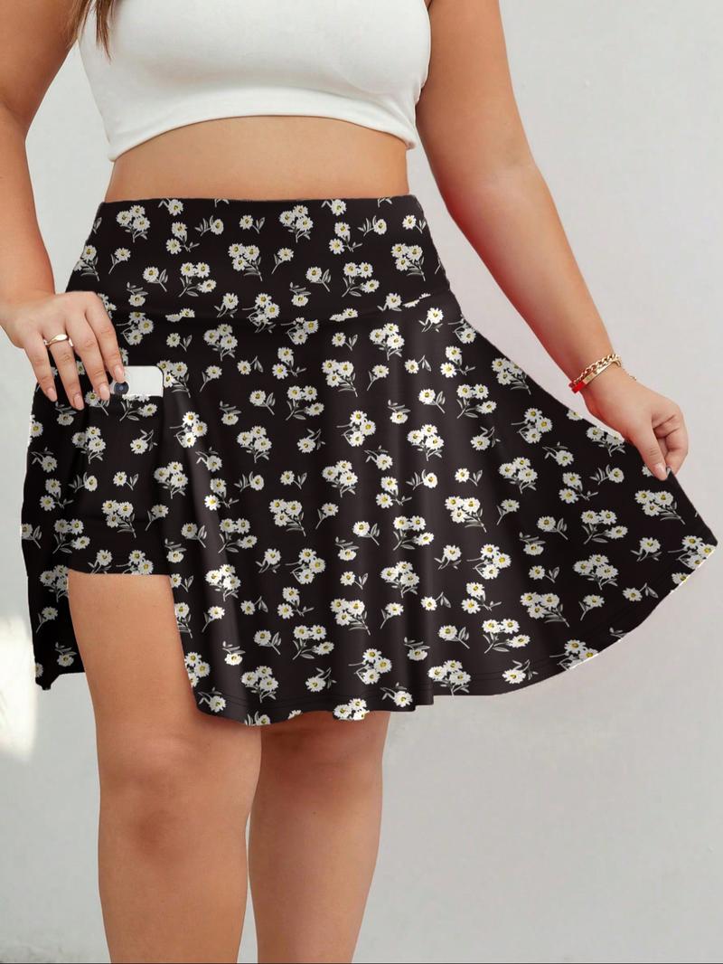 【Plus Size】 Solid / Ditsy Floral Print Pocket Design Skort, Fashion Casual Cute 2 in 1 Short Skirt for Daily Outdoor Wear, Women Plus Clothing for Summer，napkin skirts