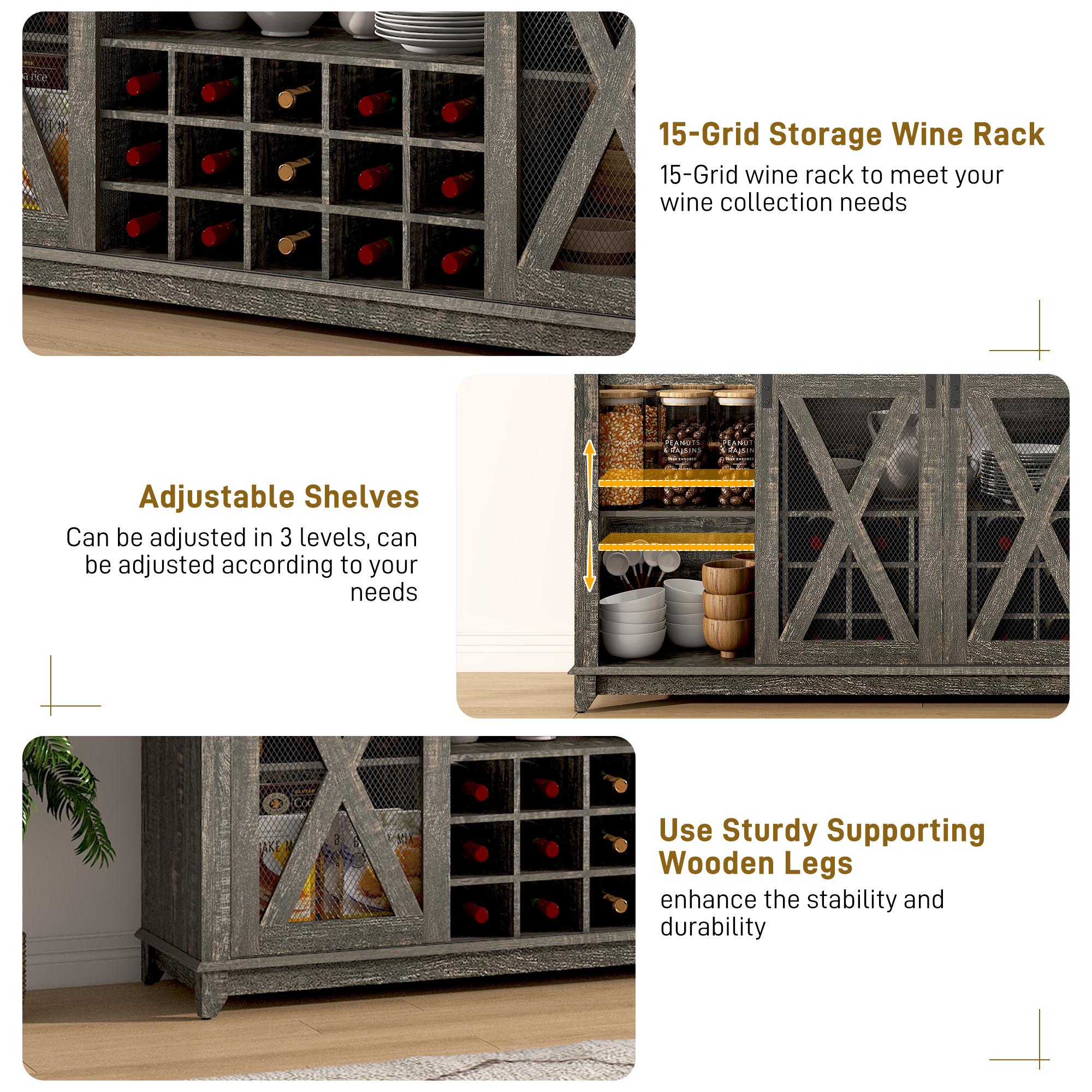 63"W/47"W/31.5"W Farmhouse Coffee Bar Cabinet with LED Light,Wine Bar Cabinet w/ Tier Storage Hutch,Kitchen Buffet Cabinet w/Sliding Barn Door & Wine and Glass Racks for Kitchen Dining Room(Brown/Antique White/Dark Rustic Oak) 63"W/47"W/31.5"W Farmhouse Coffee Bar Cabinet with LED Light,Wine Bar Cabinet w/ Tier Storage Hutch,Kitchen Buffet Cabinet w/Sliding Barn Door & Wine and Glass Racks for Kitchen Dining Room(Brown/Antique White/Dark Rustic Oak)