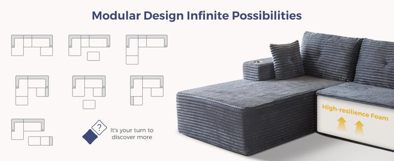 [3 Packs Shipped] MAXYOYO 131.6" Large U-Shaped Sectional Sofa,  Modern Boneless Couch for Living Room, Sofa in A Box, Oversized Sofa Sleeper with Deep Seat, Convertible Corduroy Sectional Sofa, No Assembly Required