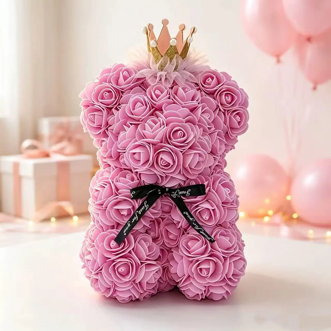 Rose Bear Crown Teddy Bear 23cm, Realistic Rose Flower Bear, Valentine's Day Gift for Girlfriend, Mother's Day, Christmas, Birthday, Decorative Collectible Gift