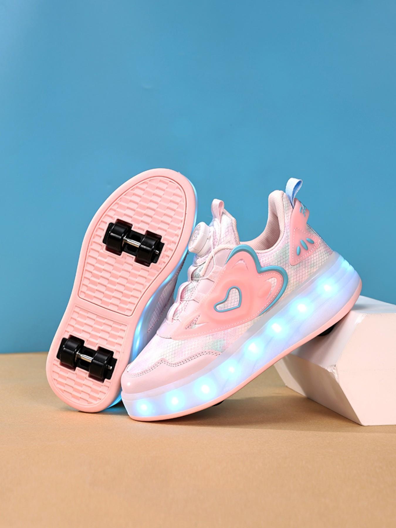 Girls' Walking Shoes with Rotating Buckle, Night Glow Color Changing LED Lights, Waterproof Leather, USB Rechargeable, Detachable Wheels, Trendy Trainers