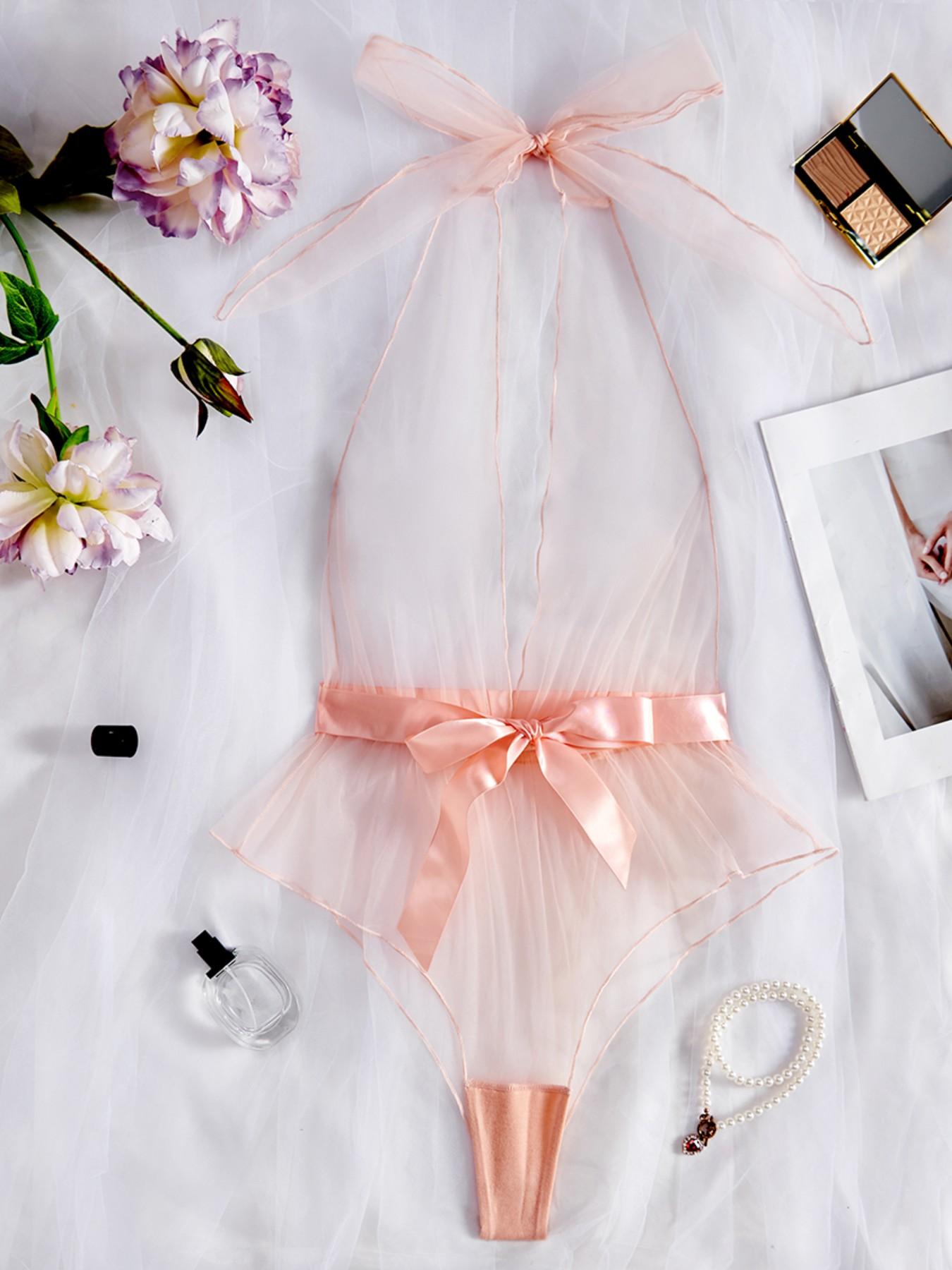 Elegant Sheer Mesh Halter Jumpsuit, Satin Bow Ruffle Decor, Luxurious Bedroom Sleepwear for Women, Sexy Slim-Fitting Design