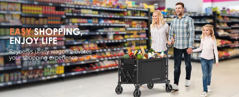 3 in 1 Collapsible Wagon Converts to Bench, 220lbs Foldable Wagon portable Cart ，120L Shopping Cart for Groceries Folding Utility Wagon for  Garden, Camping, Sport, Black Large Capacity camp gear Travel Outdoor Life Reusable Lightweight Compact Modern