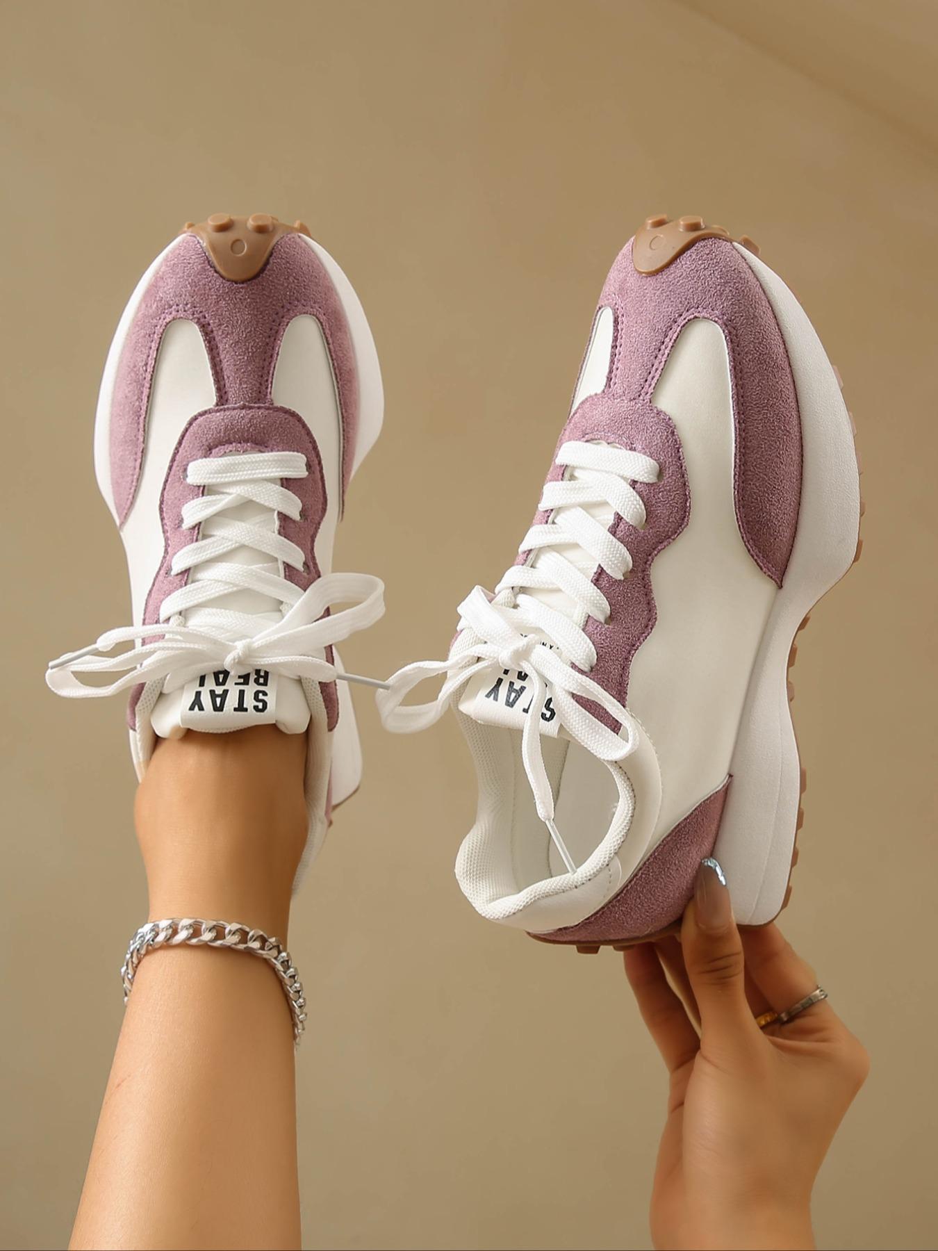 Women's Casual Retro Sport Shoes, Colorblock Design, Student Low Top Flats, Perfect Gift for Her, Round Toe PU Leather Sneakers, Trendy Fashion Sneaker1123