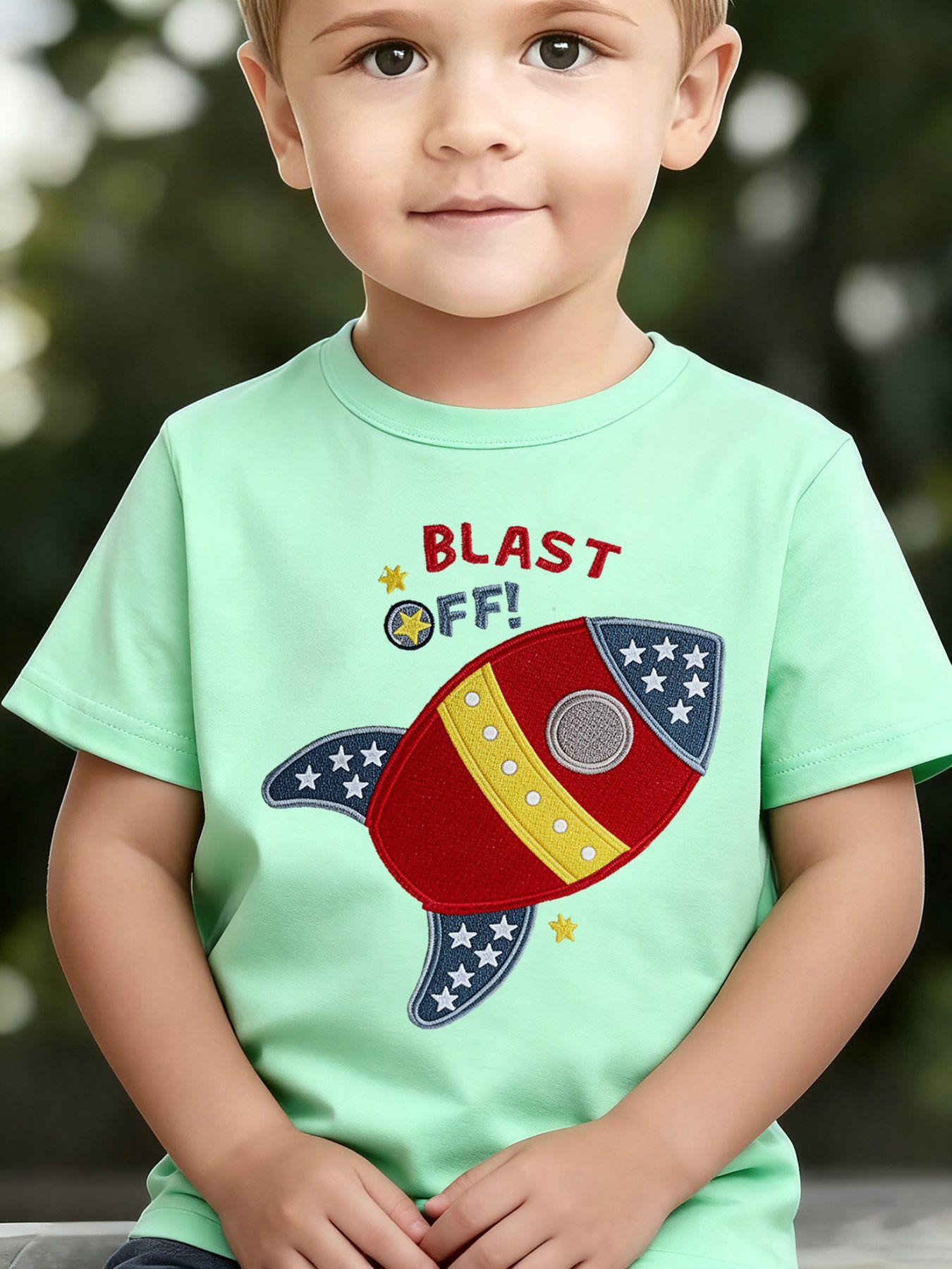 Boys' Summer Breathable & Comfortable "Space Rocket" Cartoon Print (3-12Y) Casual Sports T-Shirt
