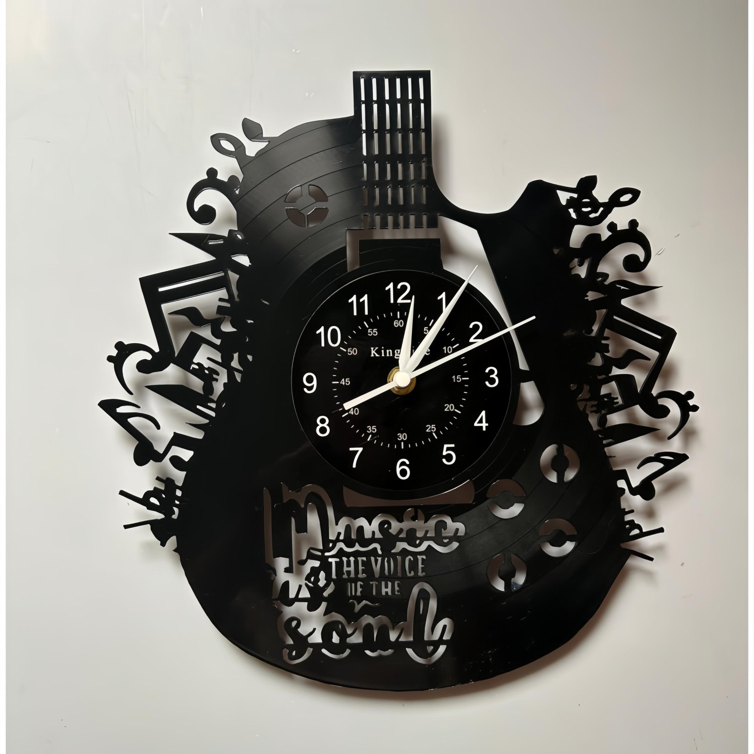 Guitar Shape Vinyl Wall Clock, Musical Notes Design, Inspirational Quote, Artistic Decor for Living Room, Music Room, Studio, Guitar Shop