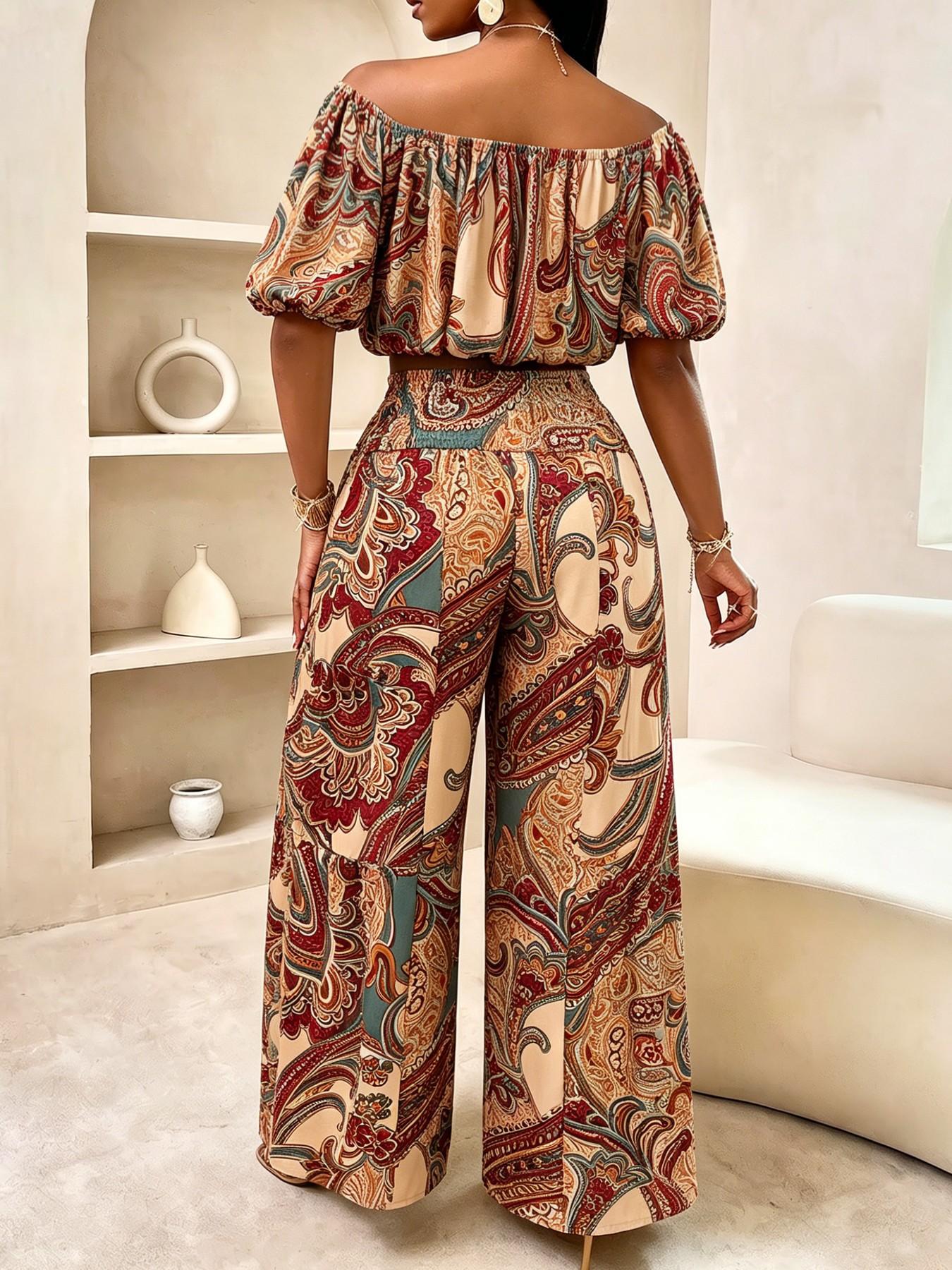 Women's Summer Paisley Print Bohemian Vintage Chic Vacation Two-Piece Set Outfit, Off-Shoulder Bubble Sleeve Crop Top + High Waist Drawstring Wide Leg Pants Women's Summer Paisley Print Bohemian Vintage Chic Vacation Two-Piece Set Outfit, Off-Shoulder Bubble Sleeve Crop Top + High Waist Drawstring Wide Leg Pants