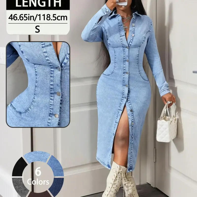 Elegant Summer Women's Dress, Slim-Fitting Long Sleeve Denim Dress, Casual Solid Color, Front Button Design, Daily Wear, Basic