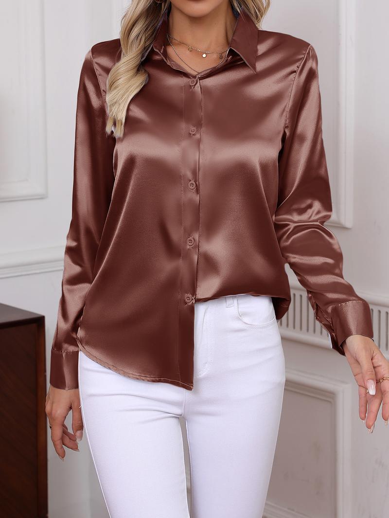 Women's Plain Satin Shirt, Elegant Long Sleeve Button Top for Work Office Business, Ladies Clothes for All Seasons, Womenswear