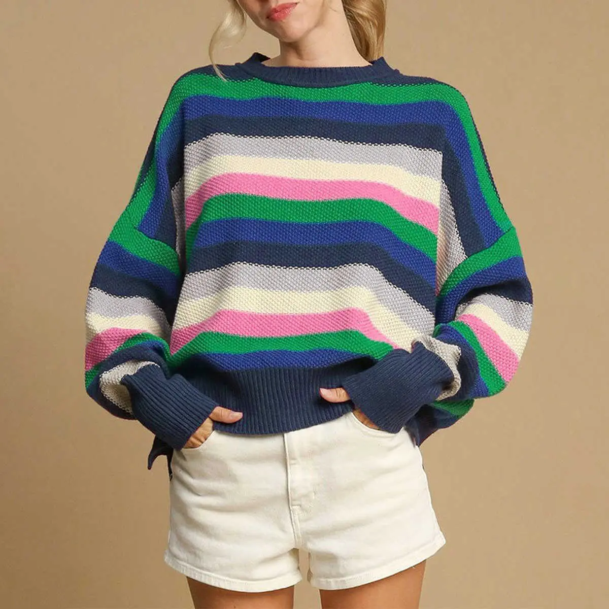 Bright Green Rainbow Striped Crew Neck Drop Shoulder Sweater Chic Fit