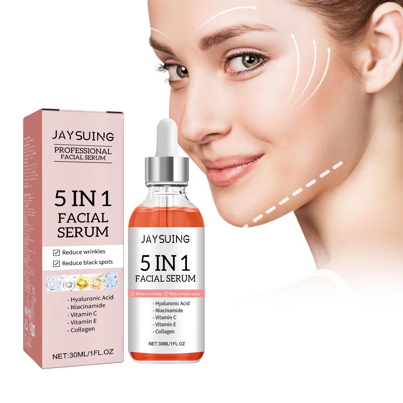 All-in-One 5-in-1 Hydrating Facial Essence, containing collagen, hyaluronic acid, niacinamide, vitamin C and E, suitable for all skin types, fragrance-free facial care.
